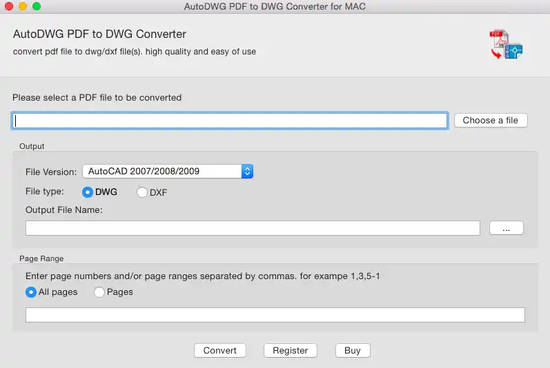 screenshot of PDF to DWG Mac version